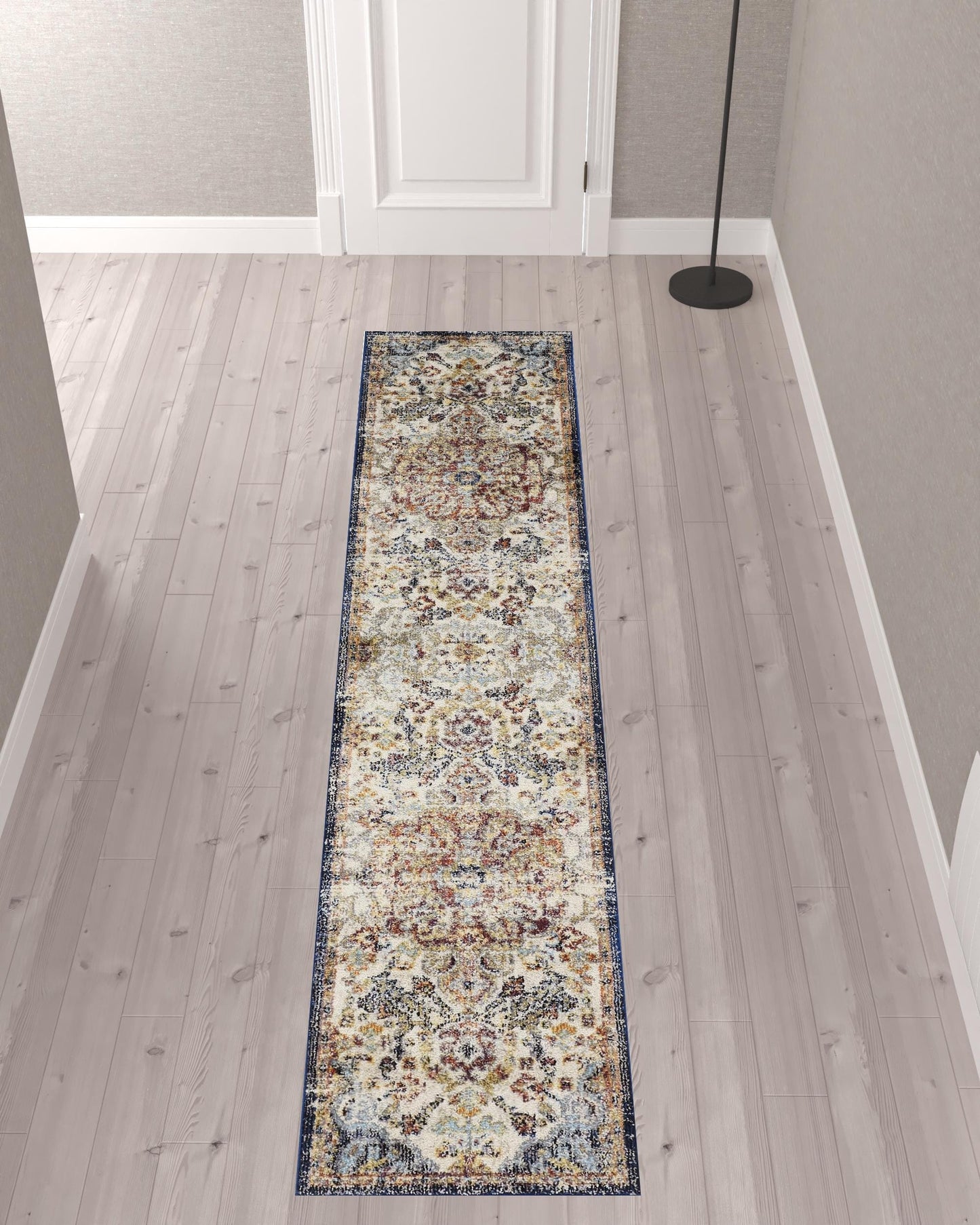 8' X 11' Ivory Gold And Blue Floral Stain Resistant Area Rug