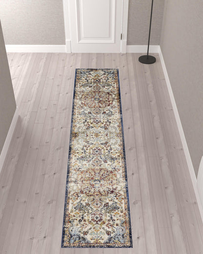 8' X 11' Ivory Gold And Blue Floral Stain Resistant Area Rug