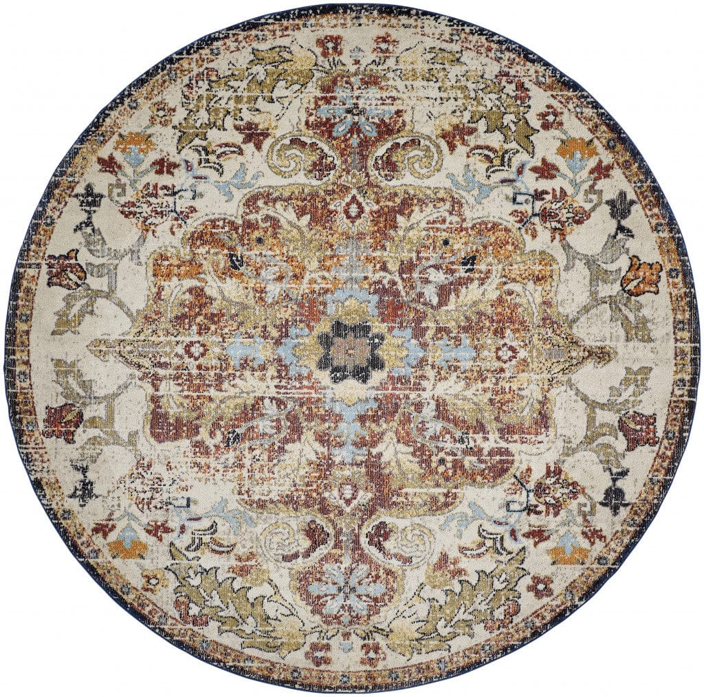 8' X 11' Ivory Gold And Blue Floral Stain Resistant Area Rug