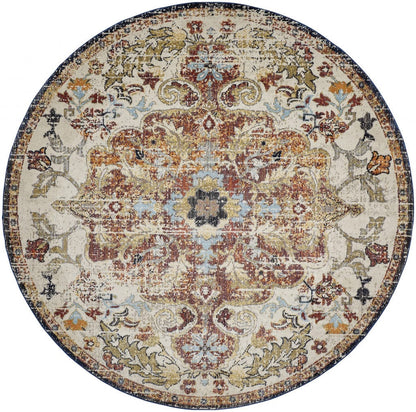 8' X 11' Ivory Gold And Blue Floral Stain Resistant Area Rug