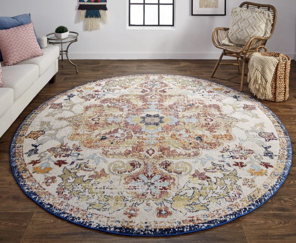 8' X 11' Ivory Gold And Blue Floral Stain Resistant Area Rug