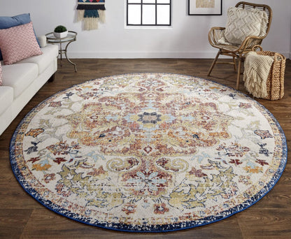 8' X 11' Ivory Gold And Blue Floral Stain Resistant Area Rug