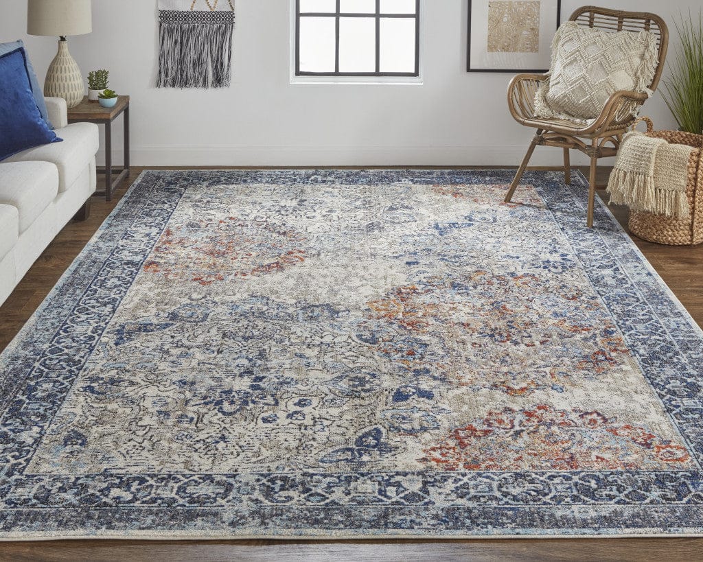 5' X 8' Blue Ivory And Red Floral Power Loom Distressed Stain Resistant Area Rug