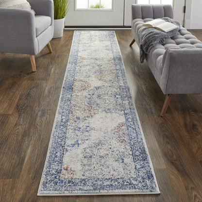 5' X 8' Blue Ivory And Red Floral Power Loom Distressed Stain Resistant Area Rug