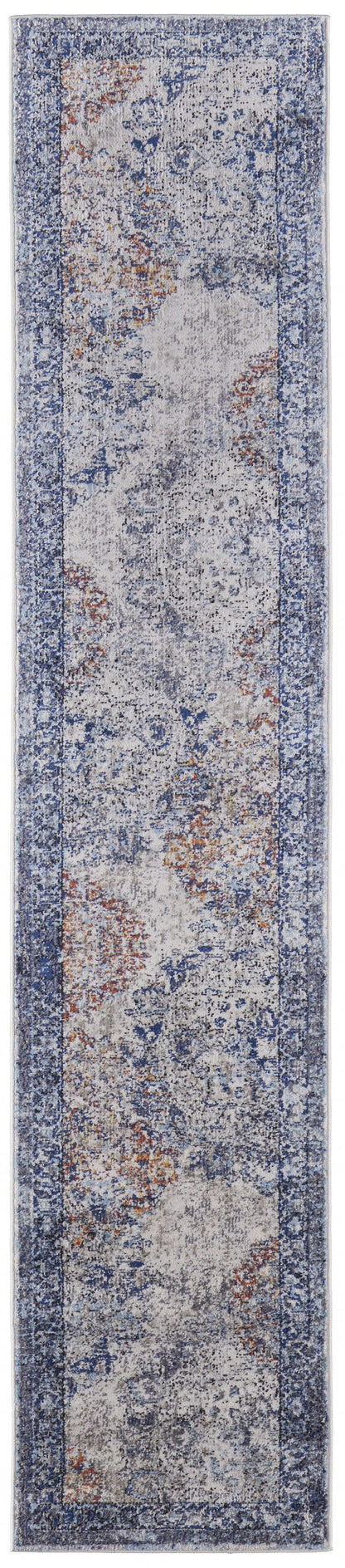 5' X 8' Blue Ivory And Red Floral Power Loom Distressed Stain Resistant Area Rug
