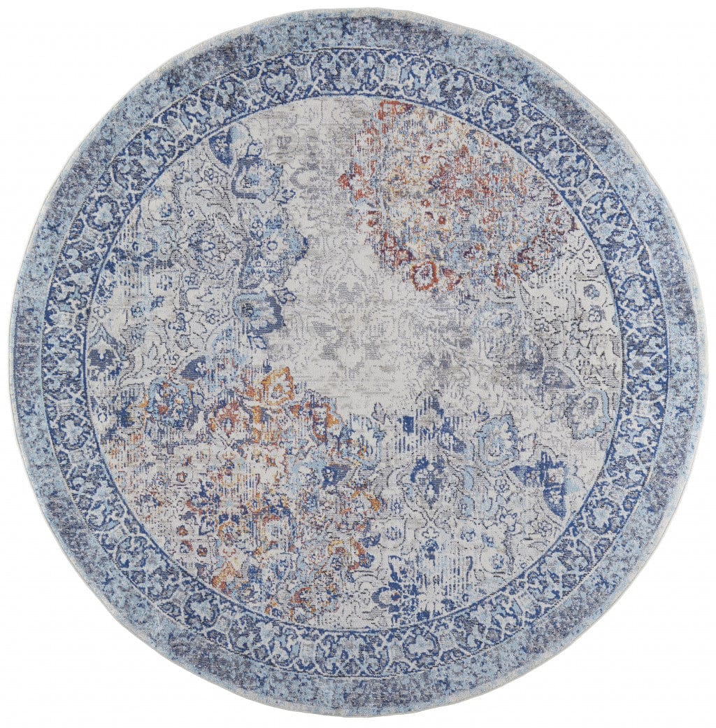 5' X 8' Blue Ivory And Red Floral Power Loom Distressed Stain Resistant Area Rug