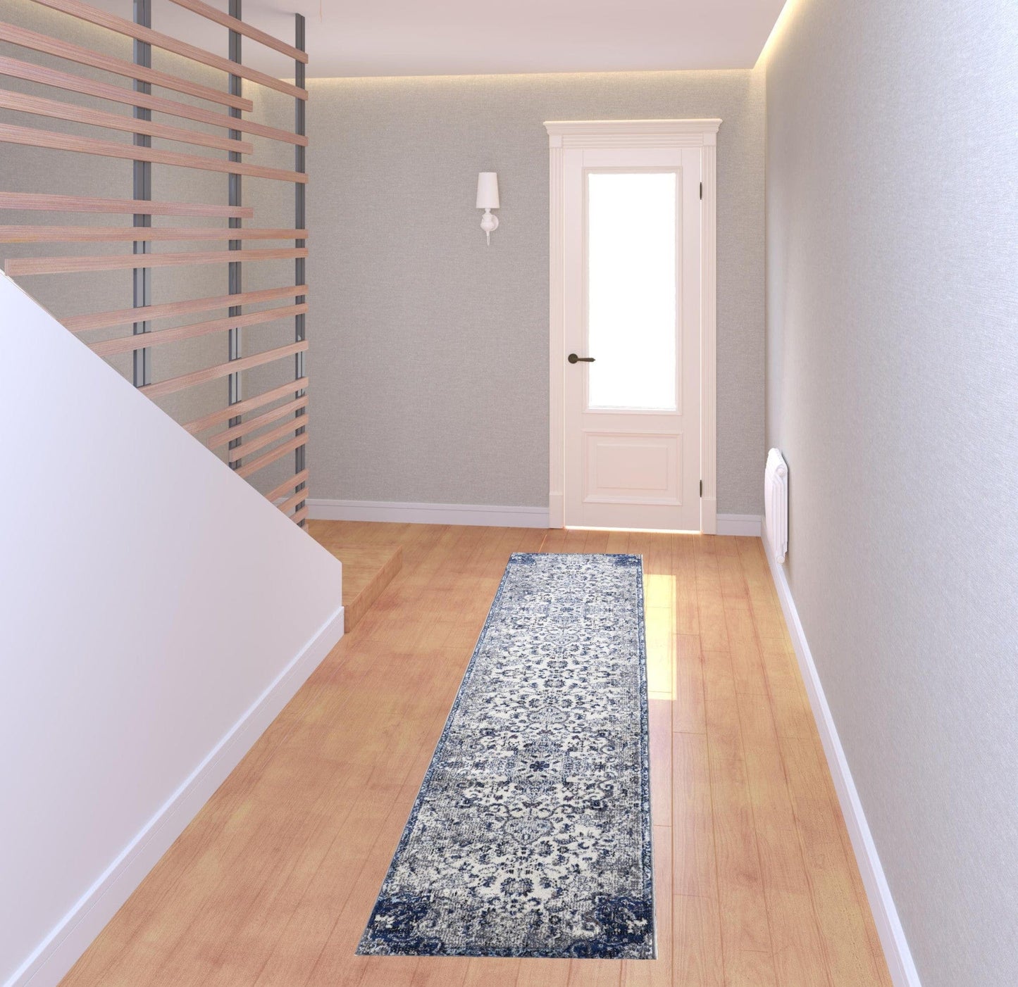 5' X 8' Ivory Gray And Blue Floral Power Loom Distressed Stain Resistant Area Rug