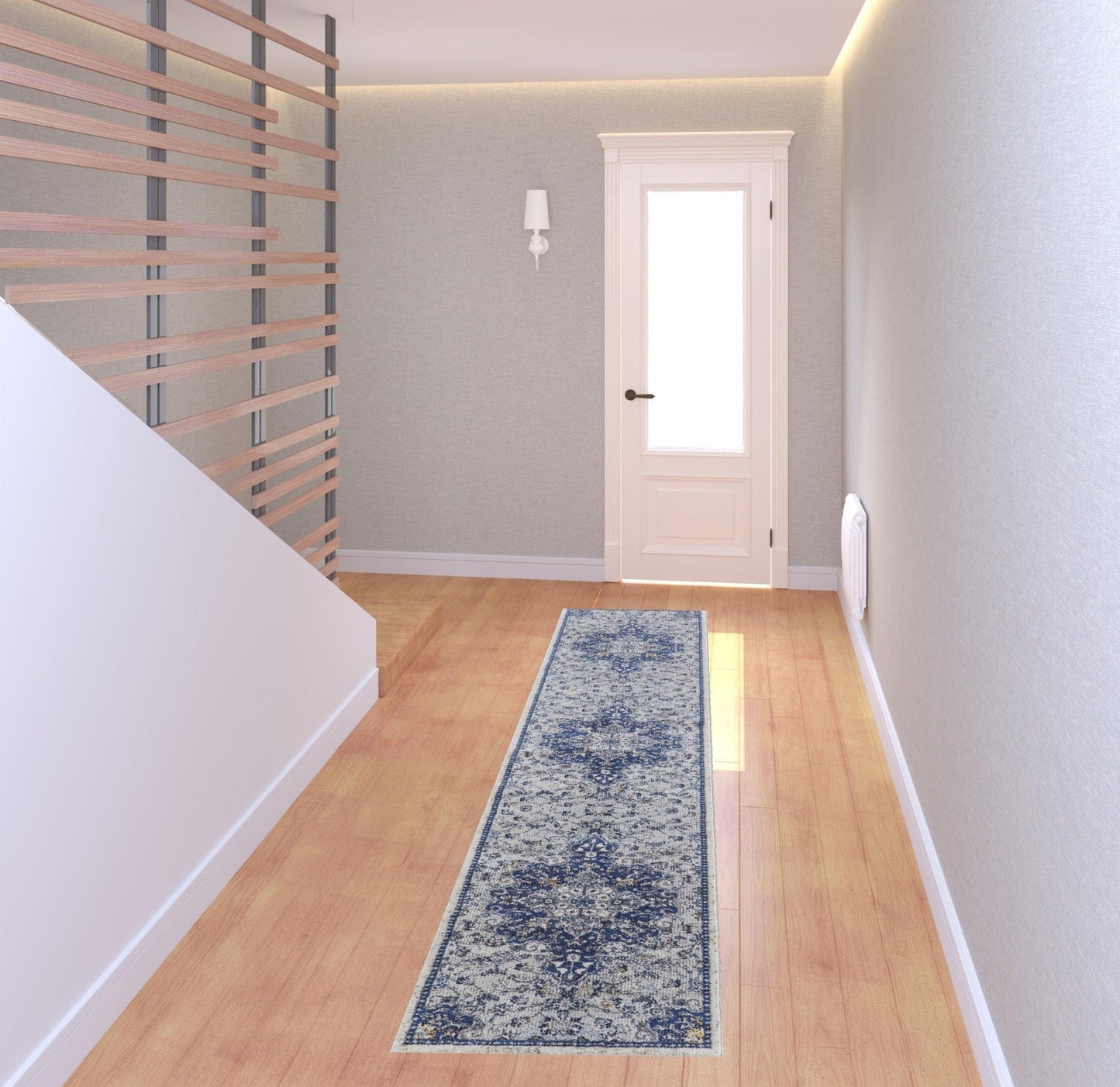 5' X 8' Gray Ivory And Blue Floral Power Loom Distressed Stain Resistant Area Rug