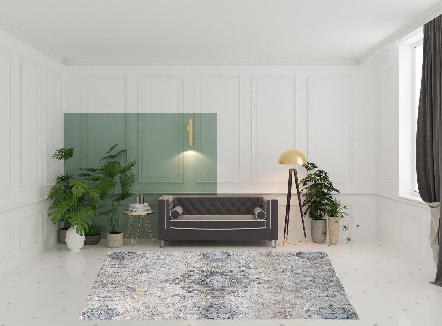 5' X 8' Ivory Taupe And Blue Floral Power Loom Distressed Stain Resistant Area Rug