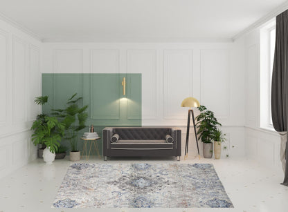 5' X 8' Ivory Taupe And Blue Floral Power Loom Distressed Stain Resistant Area Rug