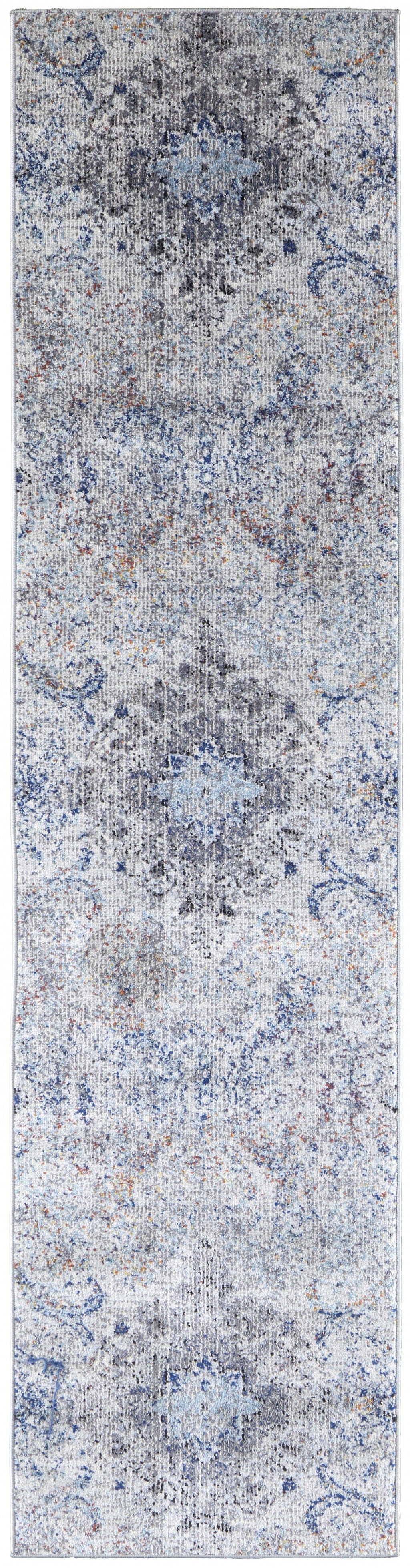 5' X 8' Ivory Taupe And Blue Floral Power Loom Distressed Stain Resistant Area Rug