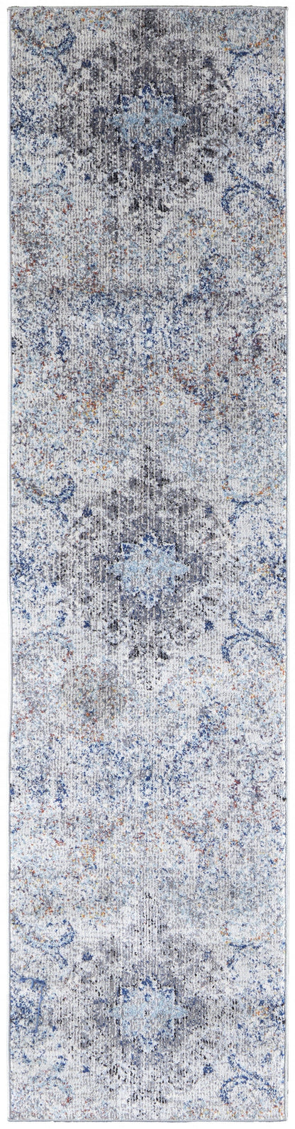 5' X 8' Ivory Taupe And Blue Floral Power Loom Distressed Stain Resistant Area Rug