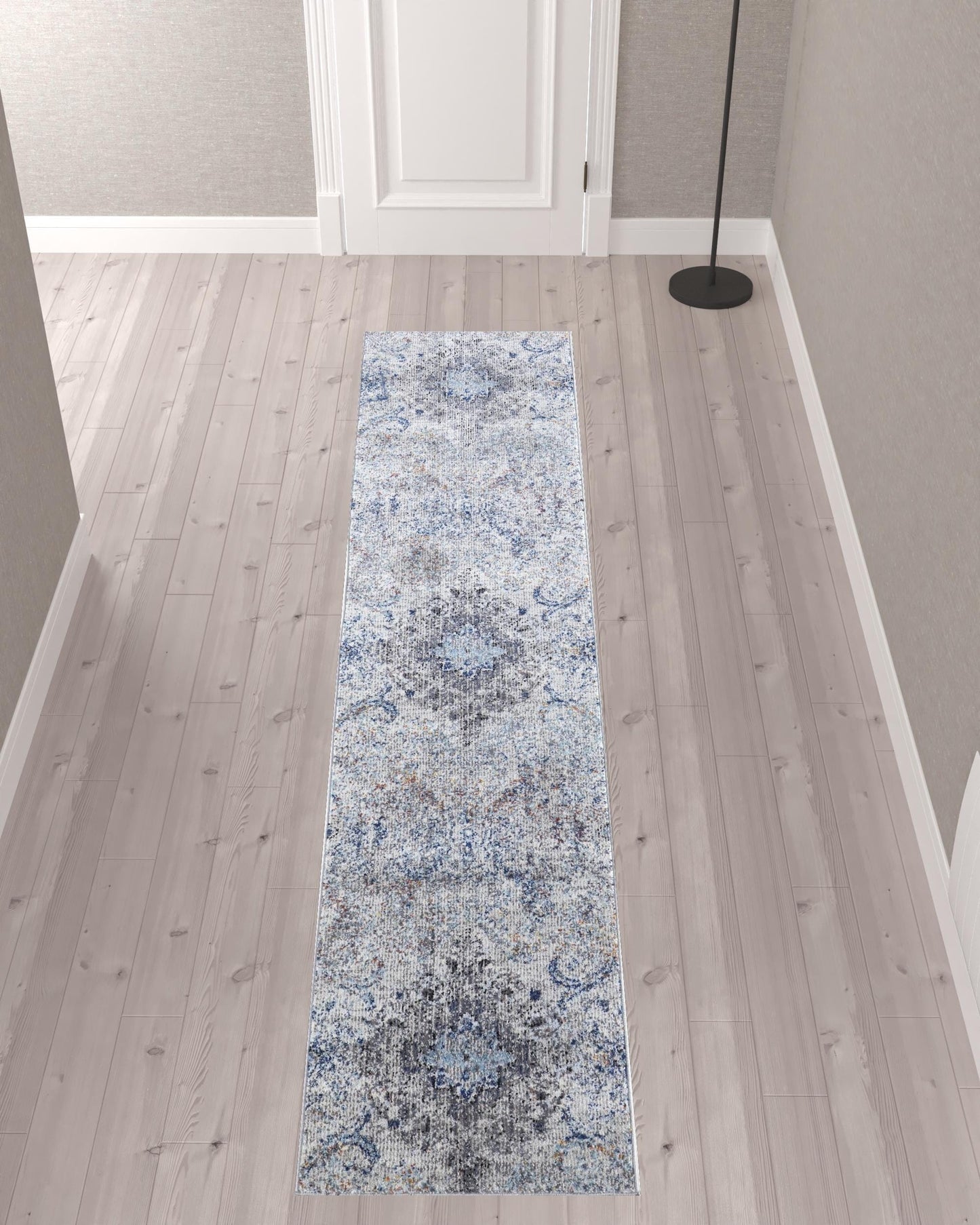 5' X 8' Ivory Taupe And Blue Floral Power Loom Distressed Stain Resistant Area Rug