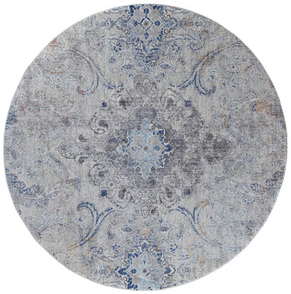 5' X 8' Ivory Taupe And Blue Floral Power Loom Distressed Stain Resistant Area Rug