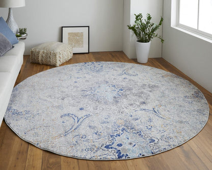 5' X 8' Ivory Taupe And Blue Floral Power Loom Distressed Stain Resistant Area Rug