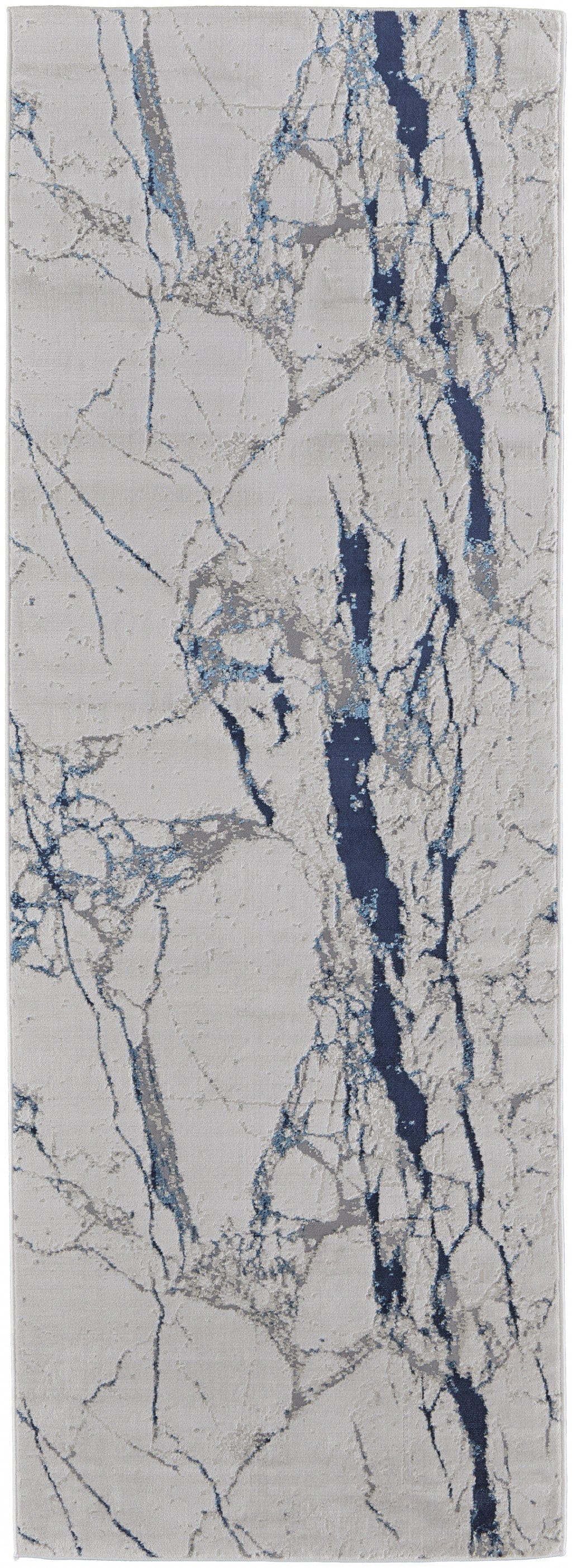 8' Ivory Blue And Black Abstract Power Loom Distressed Runner Rug