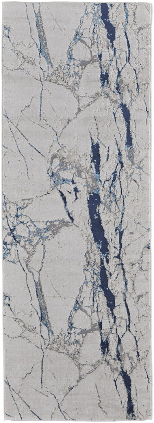 8' Ivory Blue And Black Abstract Power Loom Distressed Runner Rug