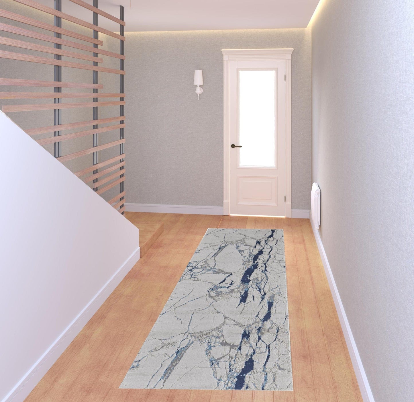 8' Ivory Blue And Black Abstract Power Loom Distressed Runner Rug