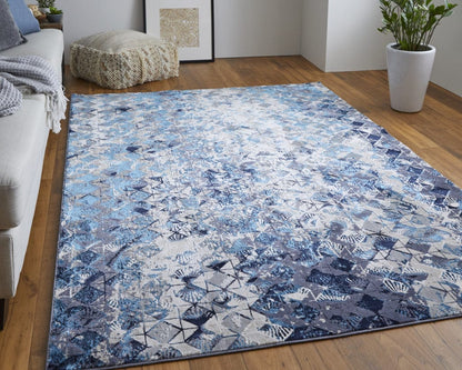 4' X 6' Blue Ivory And Gray Geometric Power Loom Distressed Area Rug