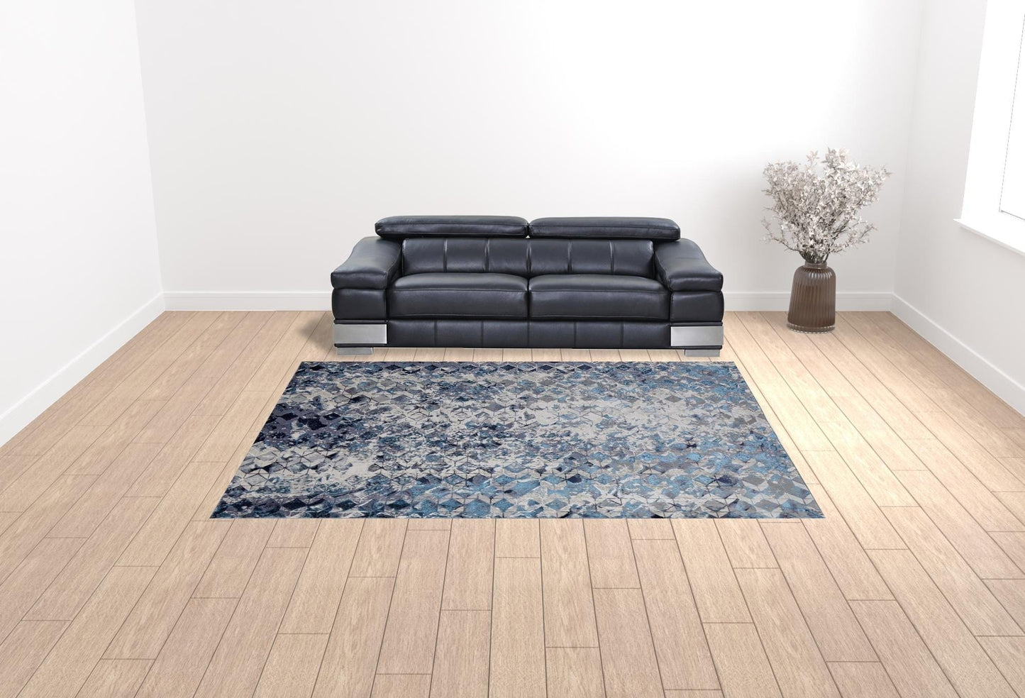 4' X 6' Blue Ivory And Gray Geometric Power Loom Distressed Area Rug