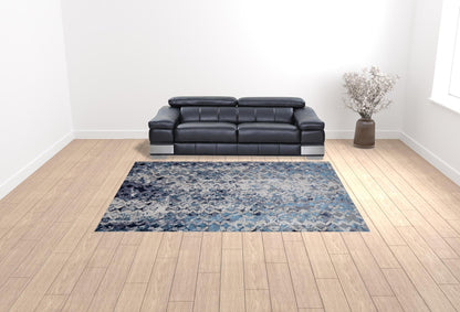 4' X 6' Blue Ivory And Gray Geometric Power Loom Distressed Area Rug