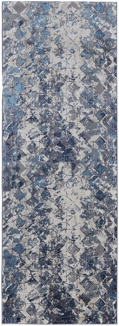 4' X 6' Blue Ivory And Gray Geometric Power Loom Distressed Area Rug