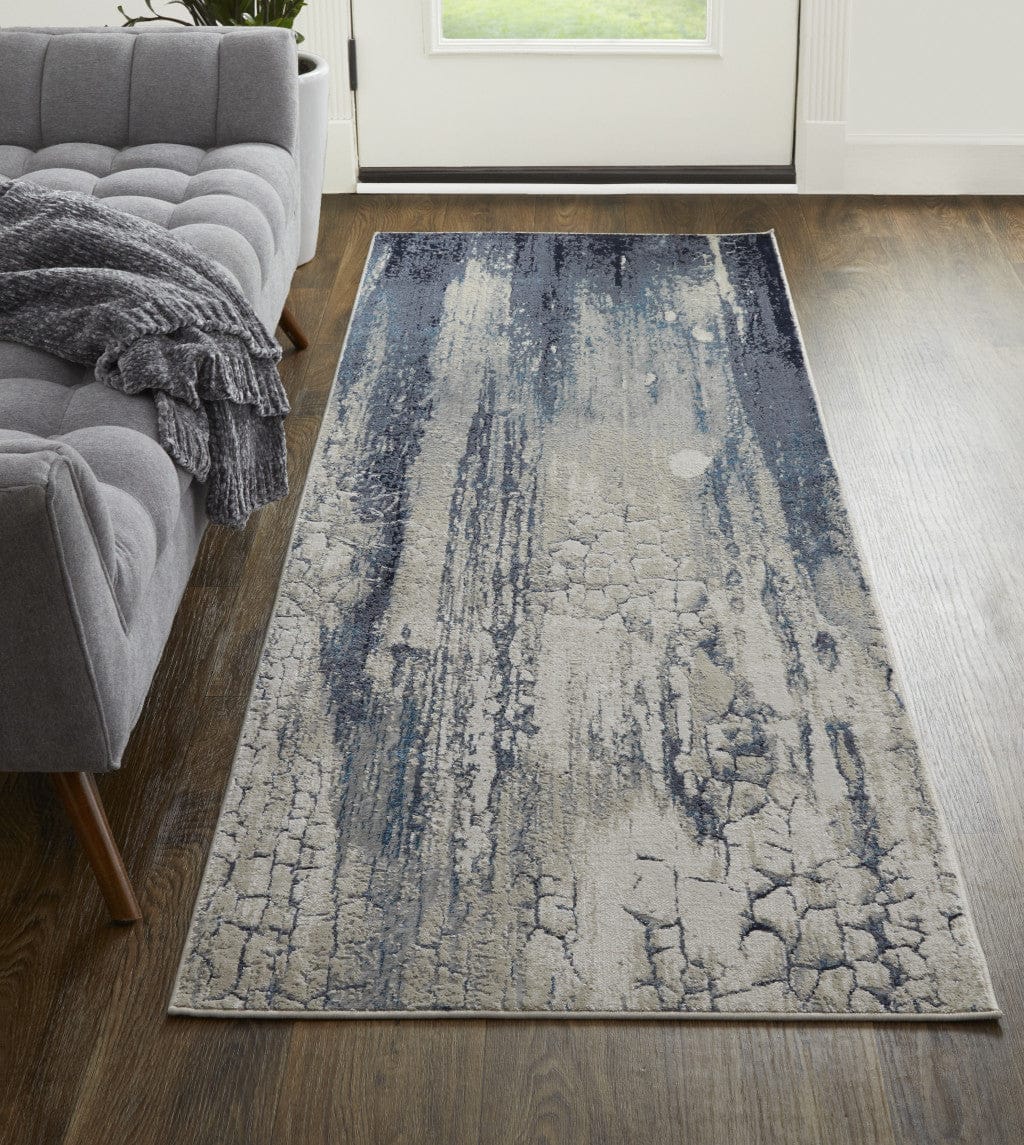 4' X 6' Ivory Blue And Black Abstract Power Loom Distressed Area Rug
