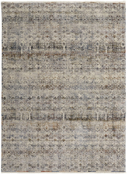 5' X 8' Tan Ivory And Blue Geometric Power Loom Distressed Area Rug With Fringe