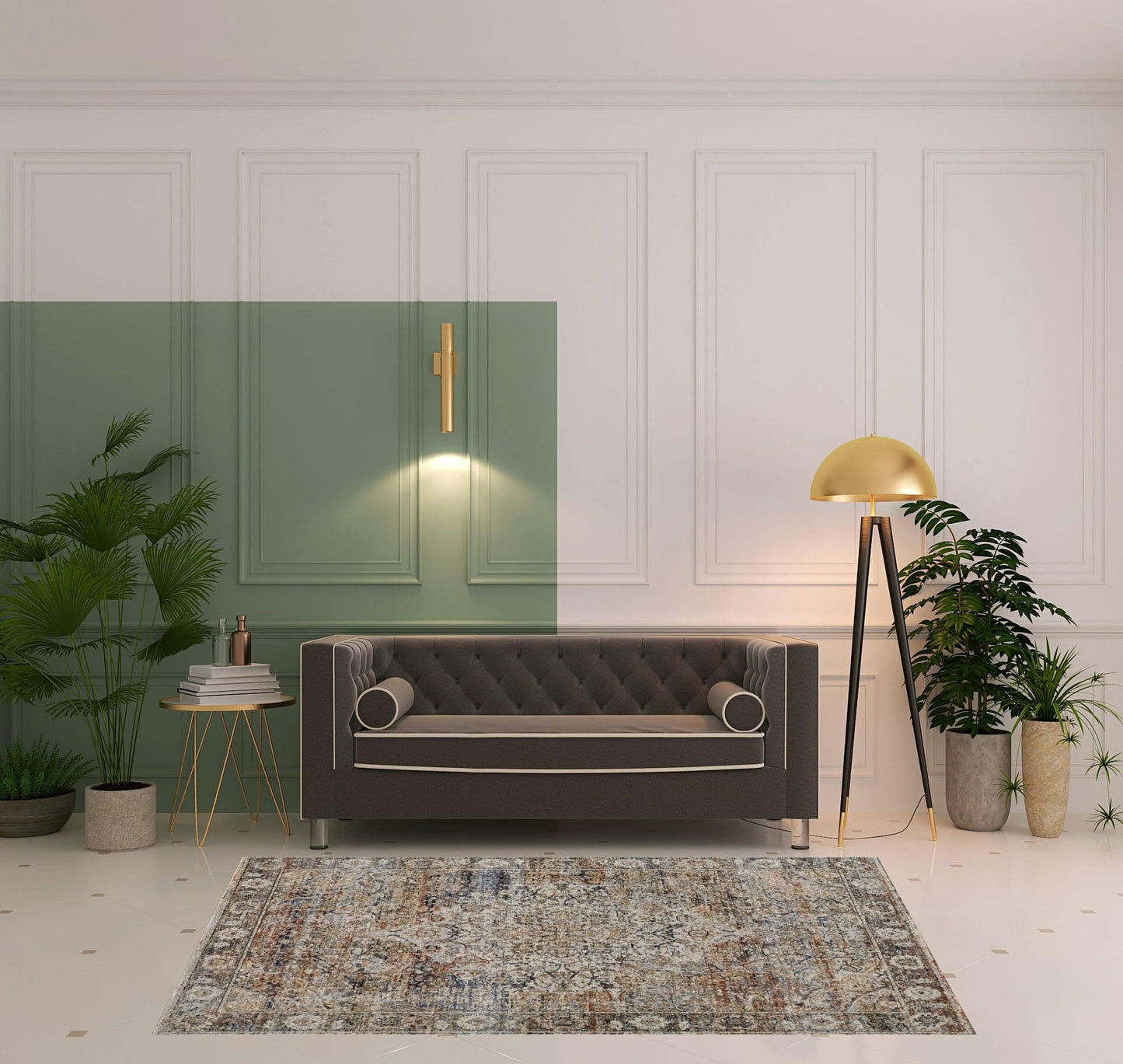 5' X 8' Tan Orange And Blue Floral Power Loom Distressed Area Rug With Fringe