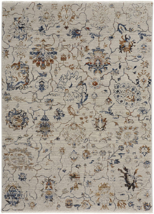 5' X 8' Ivory Orange And Blue Floral Power Loom Distressed Area Rug With Fringe