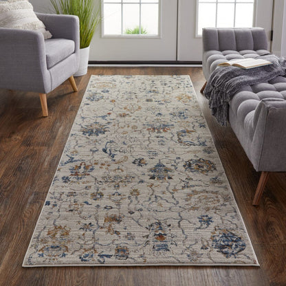 5' X 8' Ivory Orange And Blue Floral Power Loom Distressed Area Rug With Fringe