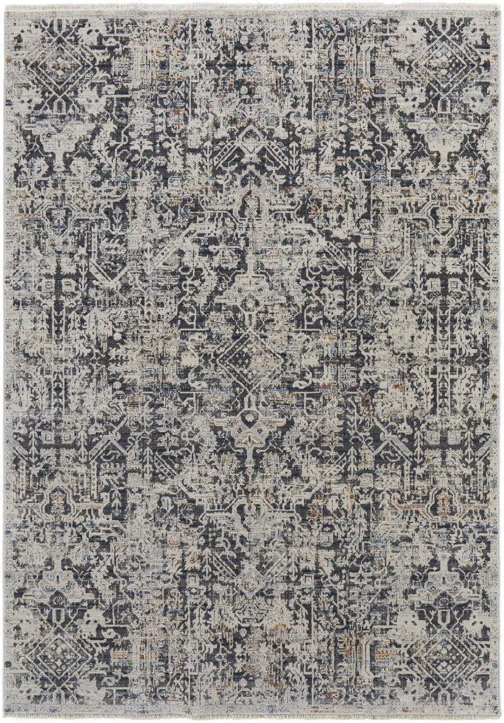5' X 8' Ivory Gray And Taupe Abstract Power Loom Distressed Area Rug With Fringe
