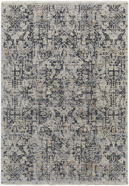 5' X 8' Ivory Gray And Taupe Abstract Power Loom Distressed Area Rug With Fringe