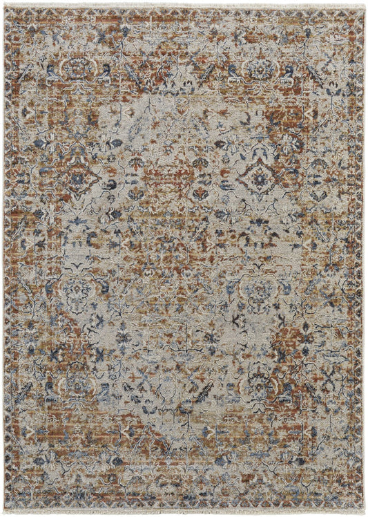 8' X 10' Tan Ivory And Orange Floral Power Loom Area Rug With Fringe
