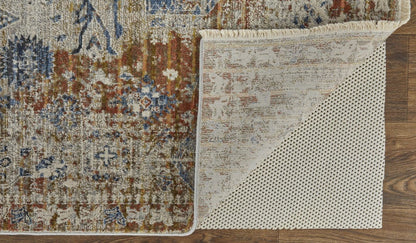 5' X 8' Ivory Orange And Blue Floral Power Loom Distressed Area Rug With Fringe