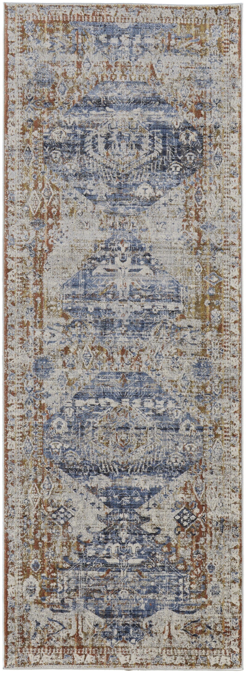 5' X 8' Ivory Orange And Blue Floral Power Loom Distressed Area Rug With Fringe