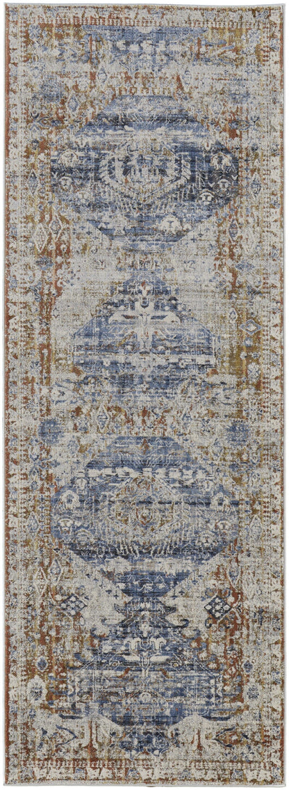 5' X 8' Ivory Orange And Blue Floral Power Loom Distressed Area Rug With Fringe