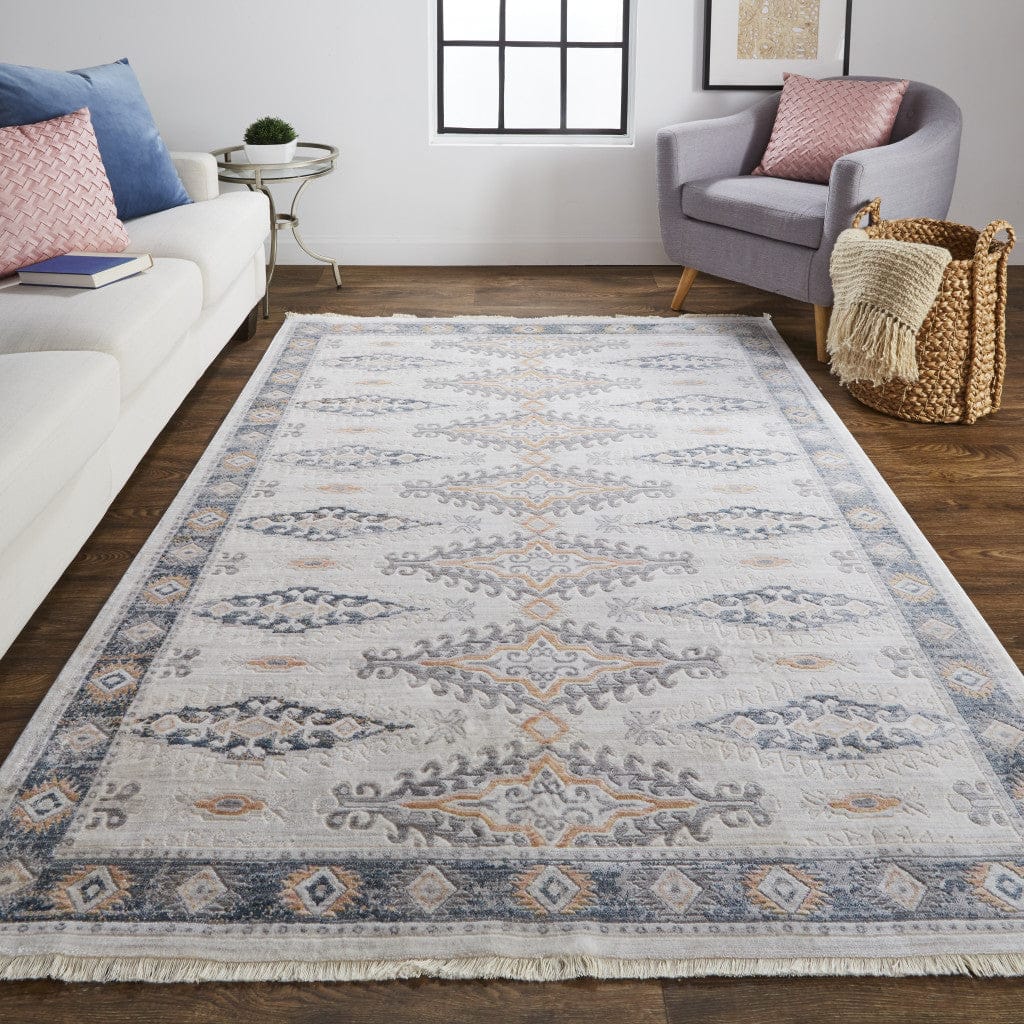 4' X 6' Gray Blue And Orange Floral Stain Resistant Area Rug