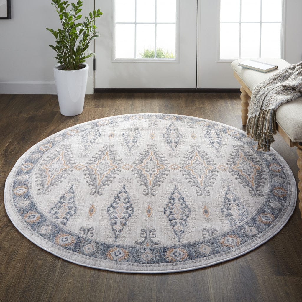 4' X 6' Gray Blue And Orange Floral Stain Resistant Area Rug