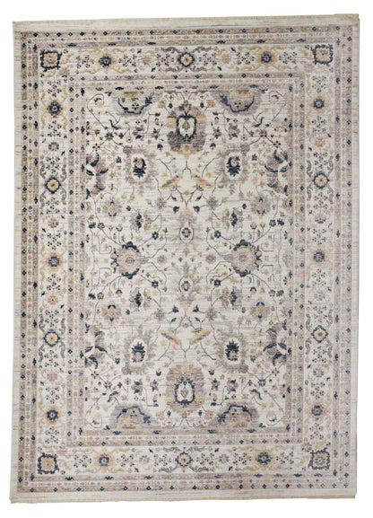 4' X 6' Tan Ivory And Blue Floral Stain Resistant Area Rug