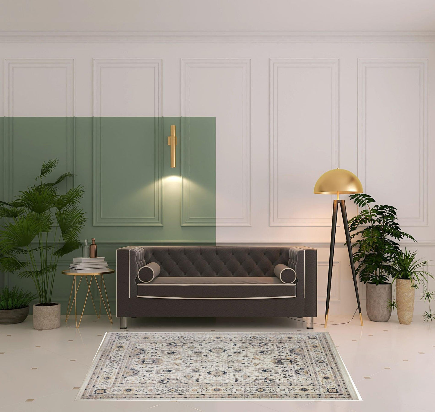 4' X 6' Tan Ivory And Blue Floral Stain Resistant Area Rug