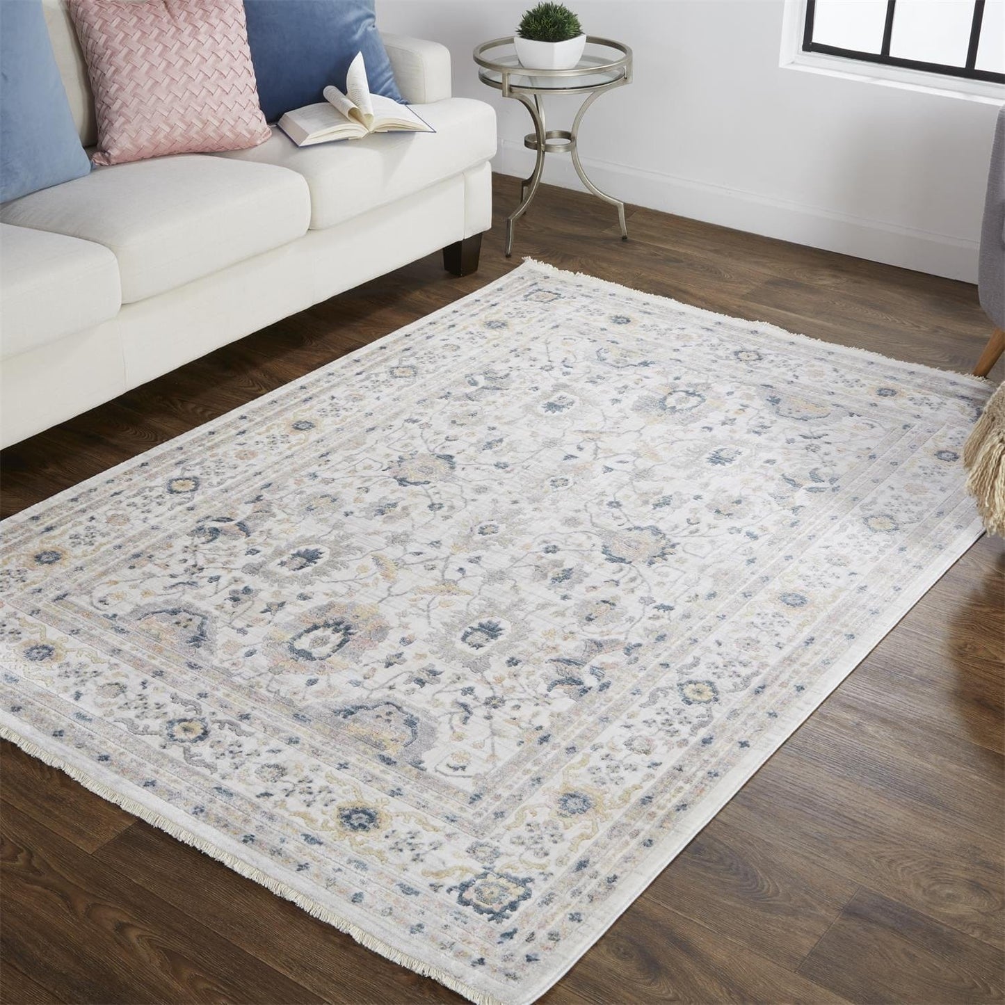 4' X 6' Tan Ivory And Blue Floral Stain Resistant Area Rug