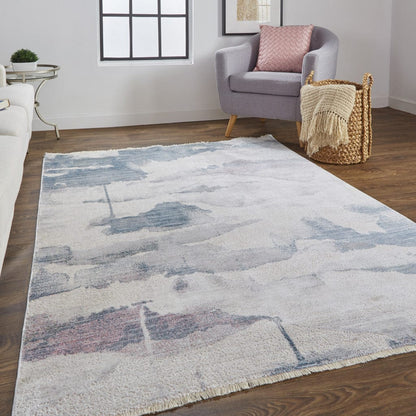 4' X 6' Ivory Blue And Pink Abstract Stain Resistant Area Rug