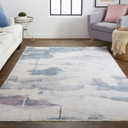 4' X 6' Ivory Blue And Pink Abstract Stain Resistant Area Rug
