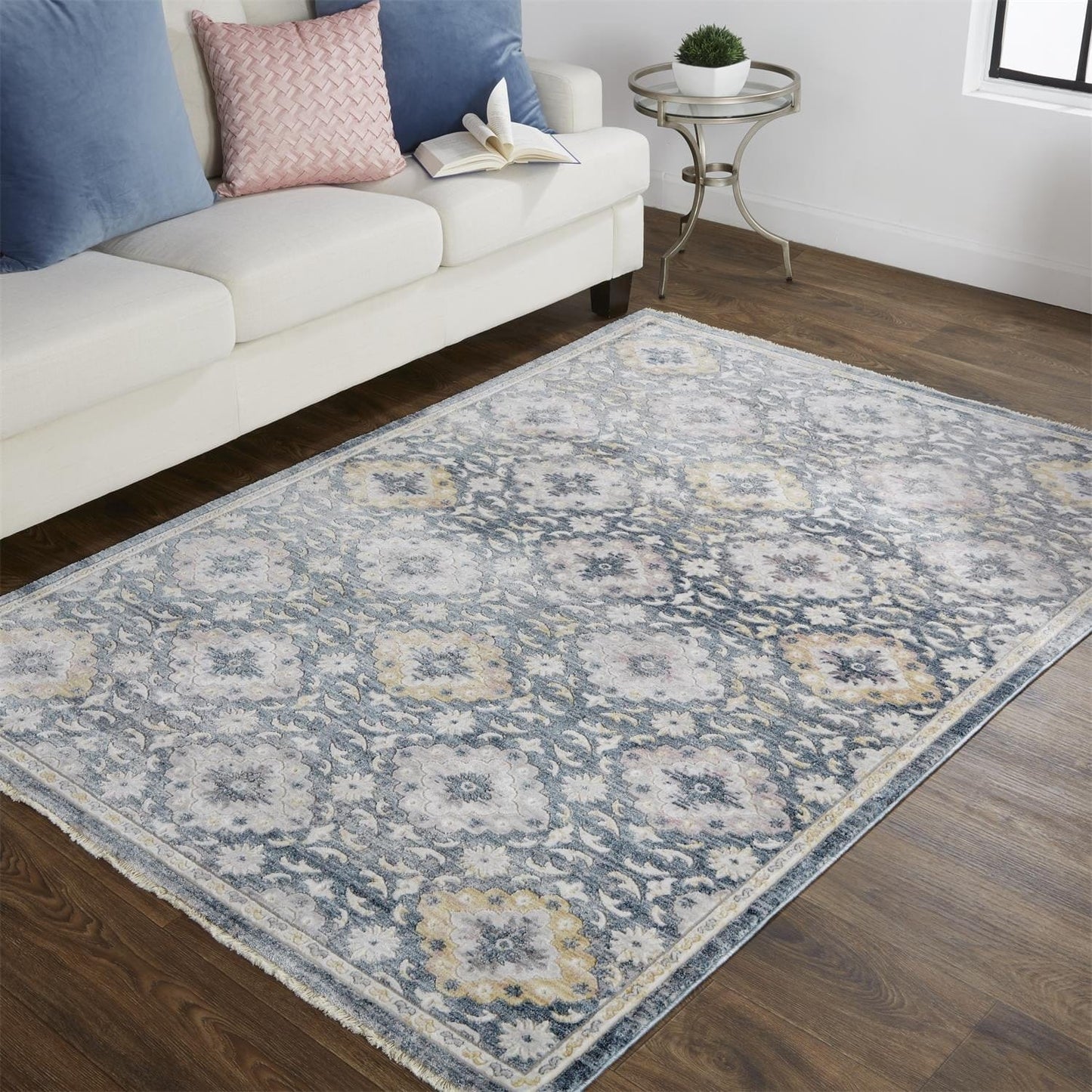 4' X 6' Blue And Gold Floral Stain Resistant Area Rug