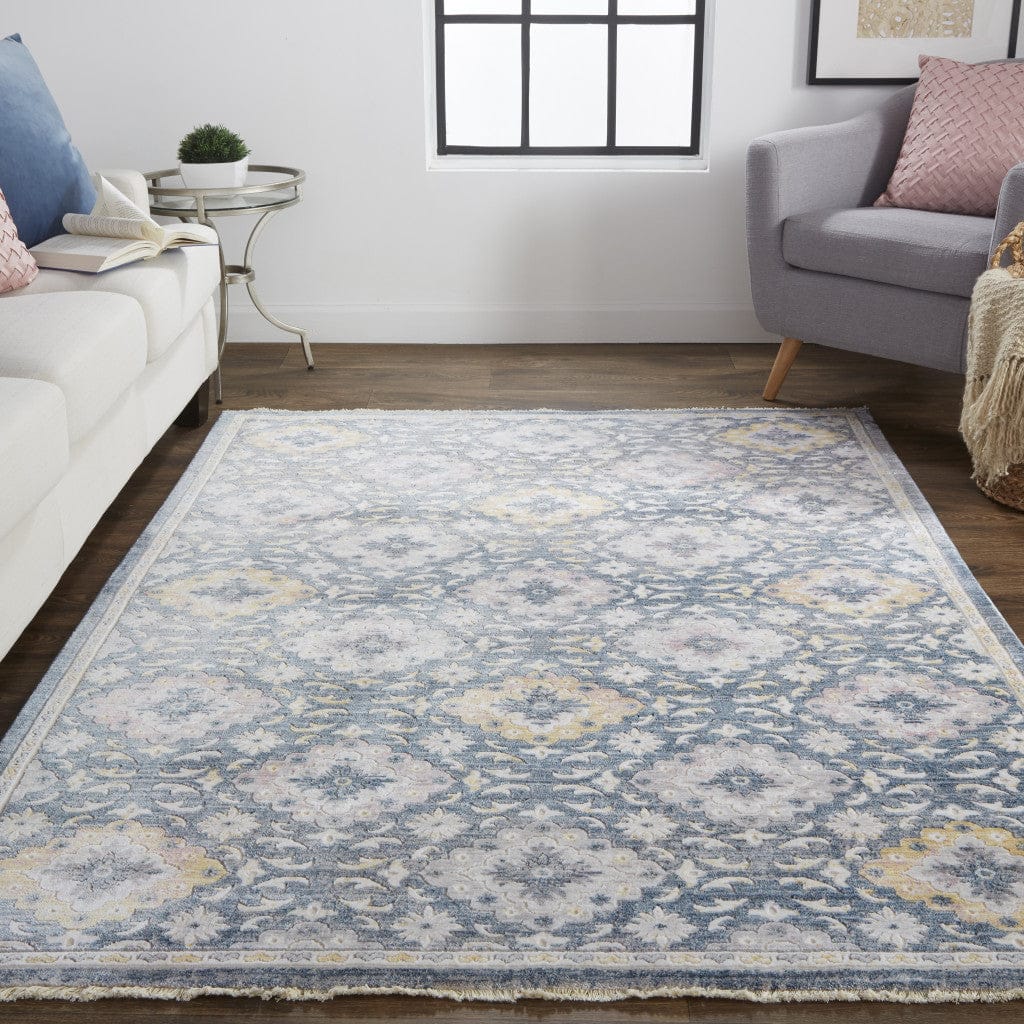 4' X 6' Blue And Gold Floral Stain Resistant Area Rug