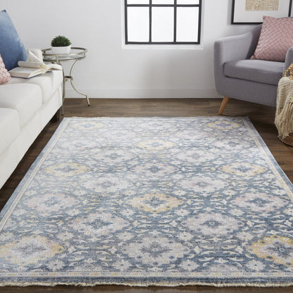 4' X 6' Blue And Gold Floral Stain Resistant Area Rug