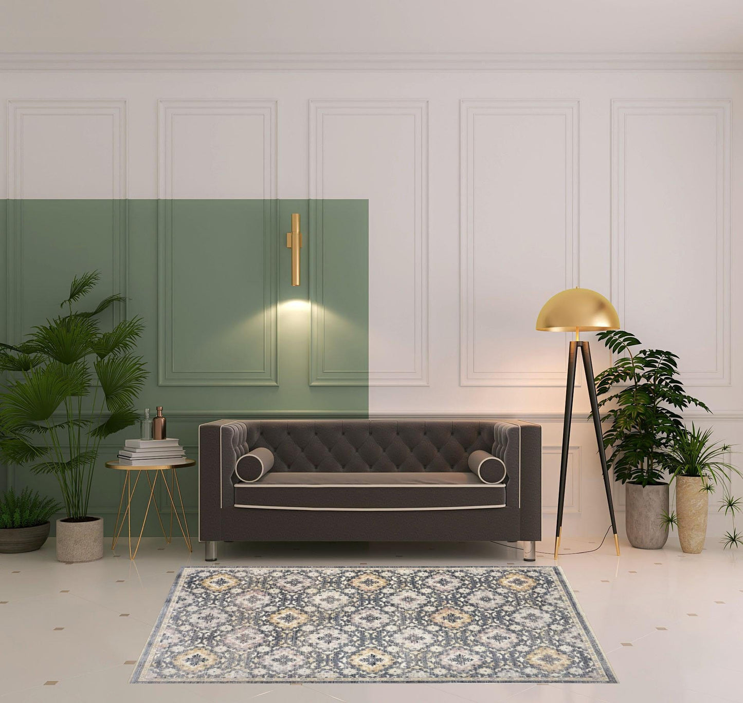 4' X 6' Blue And Gold Floral Stain Resistant Area Rug