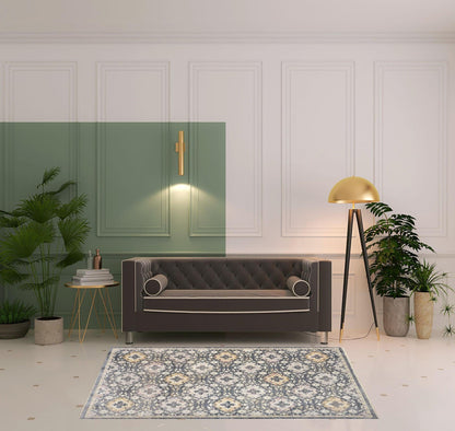 4' X 6' Blue And Gold Floral Stain Resistant Area Rug