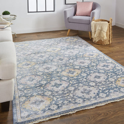 4' X 6' Blue And Gold Floral Stain Resistant Area Rug